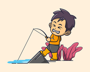 vector illustration of pulling a fishing rod with a cute strong. plants around