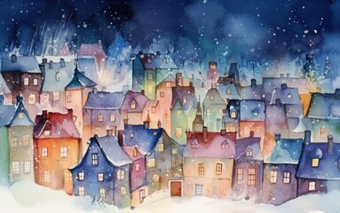Winter landscape of a night city, village. Houses are standing in the snow, Christmas night, Christmas home decoration, Christmas greeting card, art illustration painted watercolour, generative ai