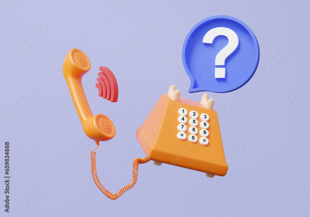 Poster orange retro vintage number telephone question mark floating on purple background. ask faq answer so