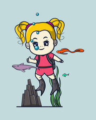 Vector illustration of a yellow-haired girl diving with sea animals. Sports Icon Concept
