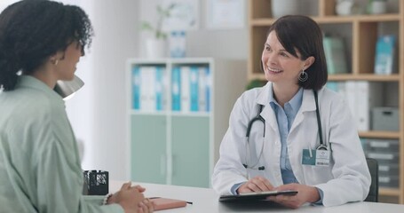 Smile, doctor and handshake of patient to welcome, greeting and meeting in hospital. Happy medical worker shaking hands with woman, consultation and conversation for healthcare, checkup and wellness - Powered by Adobe
