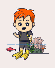 Vector Illustration of boy standing smiling cute in shallow sea water. Sports Icon Concept