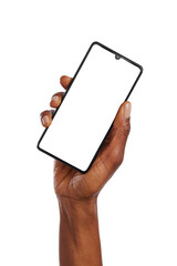 Black woman keeps hand raised while holding smart phone isolated