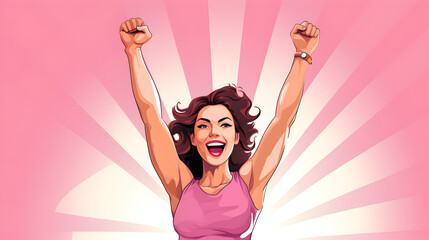 femme combattante, les bras levés en l'air, sur fond rose - obrazy, fototapety, plakaty