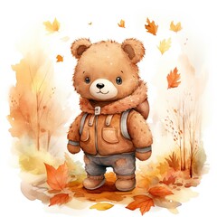 Image of an adorable watercolor-painted teddy bear with tree leaves and autumn colors. Generative AI
