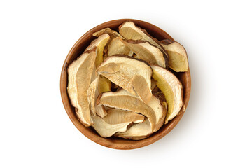 Dried porcini mushrooms in wooden bowl on white background