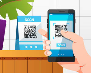 Smartphone scans qr code on table and online payment,.