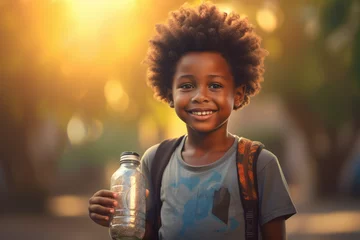 Foto op Plexiglas a young boy is standing and smiling holding a bottle of water, concept of lacking of clean water worldwide © Kien