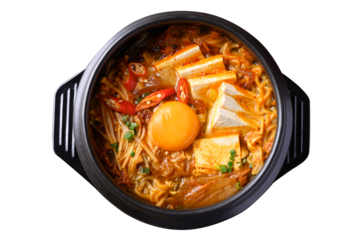 Korean spicy noodle soup with kimchi, tofu, egg and mushroom