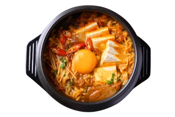 Fotobehang Korean spicy noodle soup with kimchi, tofu, egg and mushroom © nungning20
