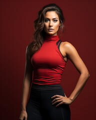 Fototapeta premium Fit Woman Posing on Red: Concentration Concept