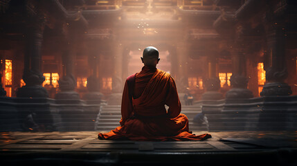Monk Meditating in Temple - obrazy, fototapety, plakaty