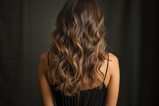 Young Woman With Long Wavy Hair On Black Background. Back View, A Woman With Balayage Highlights Hair