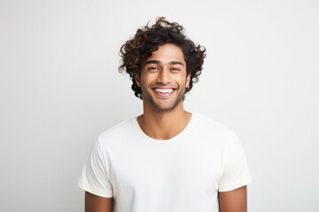 Smiley face of young indian man on white background. - obrazy, fototapety, plakaty