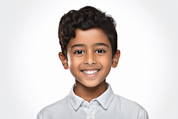 Smiley face of cute indian little boy on white background.