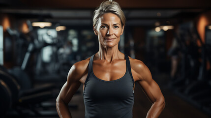 Fit Mature Woman Posing in Fitness Gym