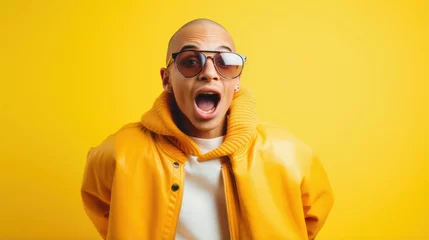 Fotobehang Young african american man wearing sunglasses and yellow jacket angry and mad screaming shouting excited. © Synthetica