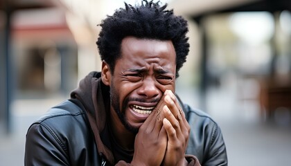 African man crying in public space - obrazy, fototapety, plakaty
