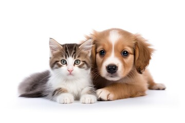 Kitten and dog together isolated on white background.  Ai generative