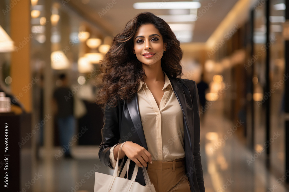 Wall mural young woman holding shopping bags at mall