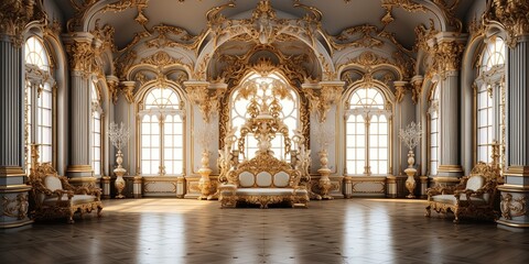 A classic extravagant European style palace room with gold decorations. wide format