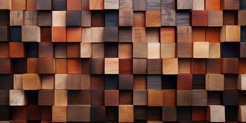 Abstract block stack wooden ubes on the wall for background banner panorama - Brown wood texture