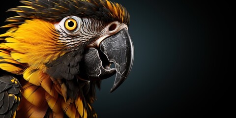 Animals birds banner - Closeup of abstract black gold yellow parrot, isolated on black background