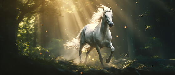Obraz na płótnie Canvas Freedom Concept: Beautiful White Horse Running Through