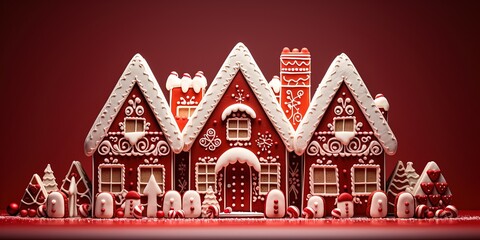 Christmas xmas advent gingerbread house celebration holiday greeting card - Gingerbreadhouse made of cookies and white icing, isolated on red background