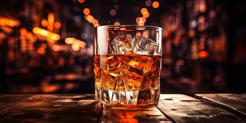 Classic alcohol whiskey scotch drink in glass with ice cubes at bar pub. Night club background decoration mock up - Powered by Adobe