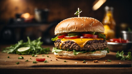 photo delicious burger with many ingredients tasty cheeseburger splash sauce 3 - obrazy, fototapety, plakaty