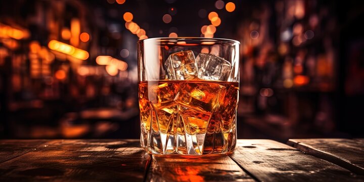 Classic alcohol whiskey scotch drink in glass with ice cubes at bar pub. Night club background decoration mock up