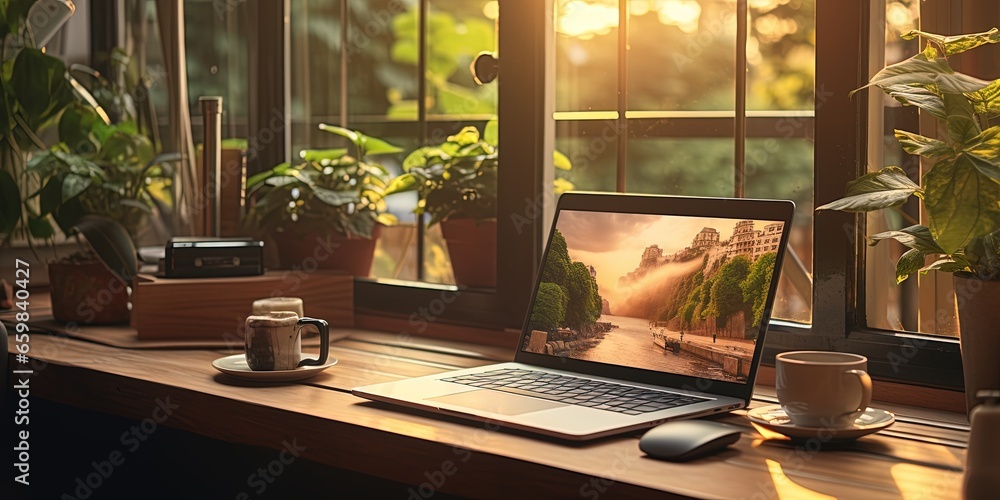 Poster desktop computer on a desk next to a window.