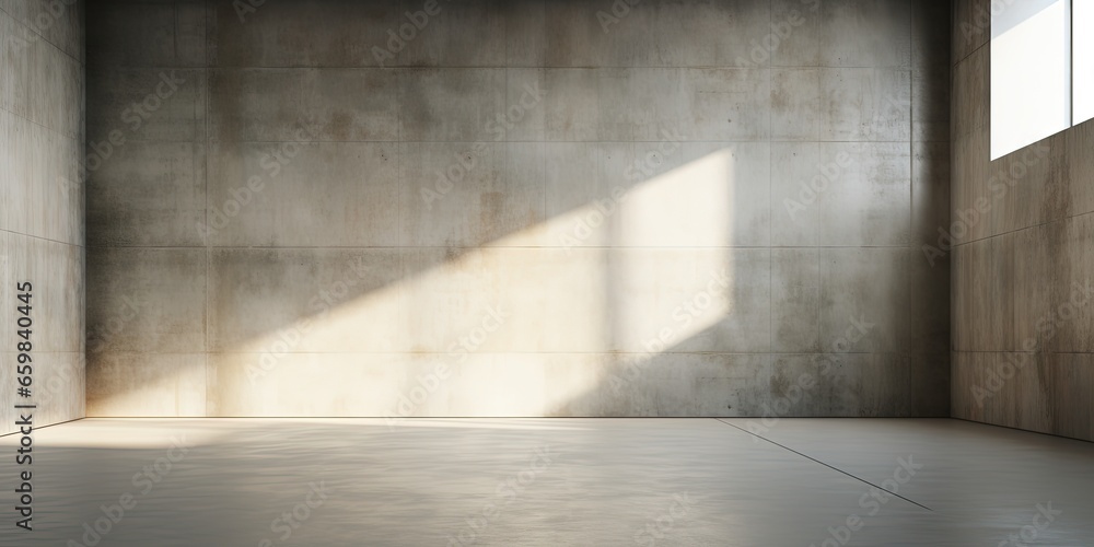 Poster empty room interior with concrete walls, grey floor with light and soft skylight from window. backgr