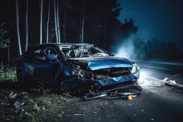 Fototapeta na wymiar Car accident. A car being torn to pieces on the side of a forest road. The dangers of speeding and drunk driving. Life, liability and property insurance.
