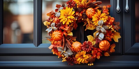 Decorative bright autumn wreath hanging on front door of house door close up. Beautiful Festive decoration for Thanksgiving or Halloween party. Fall season background October, Autumn Fall concept