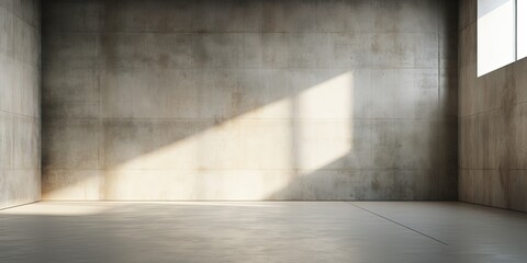 Empty room interior with concrete walls, grey floor with light and soft skylight from window. Background with copy - space