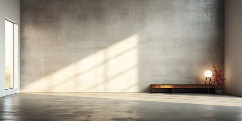 Empty room interior with concrete walls, grey floor with light and soft skylight from window....