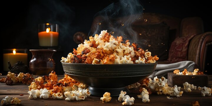 Dark Food Photography Backgrund - Bowl Of Popcorn On Table In Kitchen