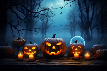 Halloween pumpkin head jack lantern with burning candles, Spooky Forest with a full moon and wooden table, Pumpkins In Graveyard In The Spooky Night - Halloween Backdrop, dark style, blue style