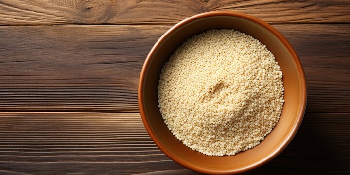 Food photography breakfast background, square - Quinoa gluten - free in bowl on a wooden table, top view