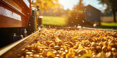 Harvester pouring freshly harvested corn maize seeds or soybeans into container trailer near, closeup detail, afternoon sunshine. Agriculture concept - obrazy, fototapety, plakaty