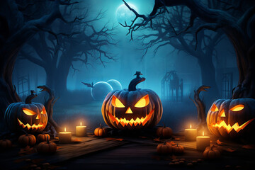 Halloween pumpkin head jack lantern with burning candles, Spooky Forest with a full moon and wooden table, Pumpkins In Graveyard In The Spooky Night - Halloween Backdrop, dark style, blue style