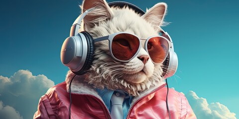 Illustration of fantasy character with cat head in sunglasses and headphones wearing white jacket listening to music against pink and blue background