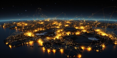 Illustration of glowing planet with yellow network connecting cities on black background