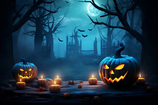 Halloween pumpkin head jack lantern with burning candles, Spooky Forest with a full moon and wooden table, Pumpkins In Graveyard In The Spooky Night - Halloween Backdrop, dark style, blue style