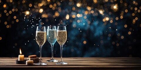 New Year's Eve holiday event party firework background banner greeting card - Two champagne classes on wooden table in the dark night with fireworks and sparklers