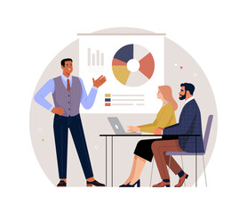 LGBT people in business. Vector cartoon illustration in a flat style of sitting man and woman at a desk with a laptop, in front of which a gay man stands against the background of a board with graphs.