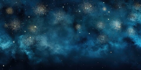 Party background banner panorama long - firework fireworks on rustic dark blue night sky texture