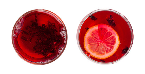 Hibiscus Tea, Dry Rose Drink, Cold Fruit Red Tea in Transparent Mug, Roselle Hibiscus Tea